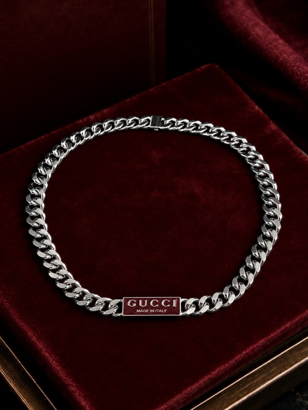 Silver Curb Chain Necklace with Red Enamel Gucci Logo Plaque